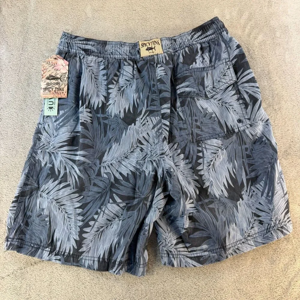 Spicy Tuna Swim Trunks Men's L Navy Gray Palm Print Board Shorts NWT Drawstring